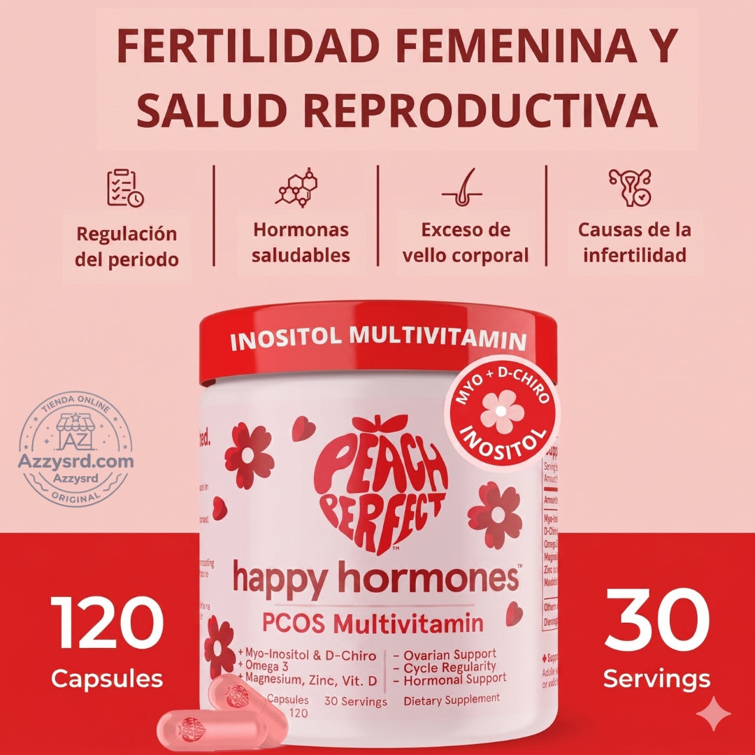 🍑✨ Peach Perfect™ Happy Hormones Formula 🌸💖 | Mio-Inositol + D-Chiro 40:1 🧬 Omega-3, Vitamina D3, Magnesio y Zinc ⚡ Apoya el balance hormonal, energía, mood y bienestar femenino 🌿 120 Cápsulas Premium 💊
