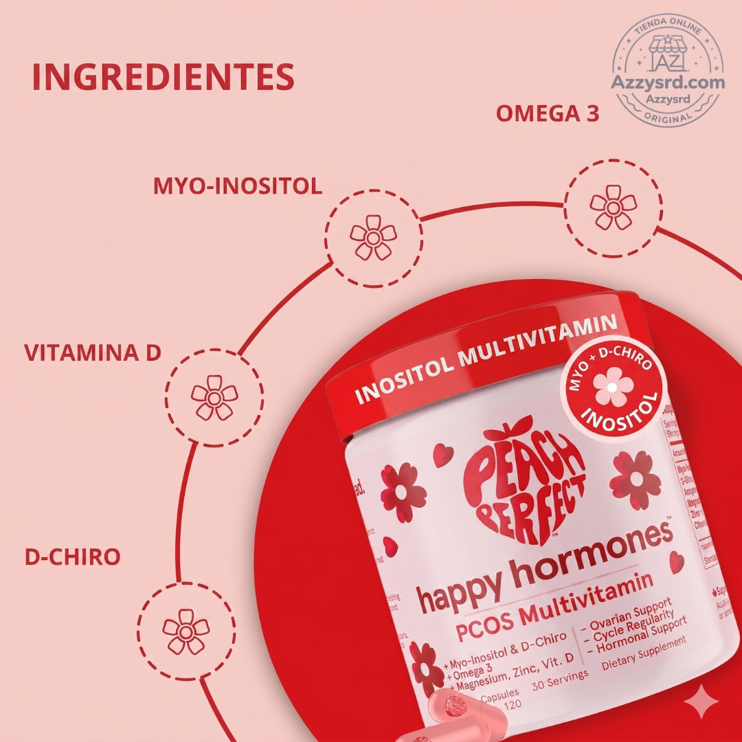 🍑✨ Peach Perfect™ Happy Hormones Formula 🌸💖 | Mio-Inositol + D-Chiro 40:1 🧬 Omega-3, Vitamina D3, Magnesio y Zinc ⚡ Apoya el balance hormonal, energía, mood y bienestar femenino 🌿 120 Cápsulas Premium 💊