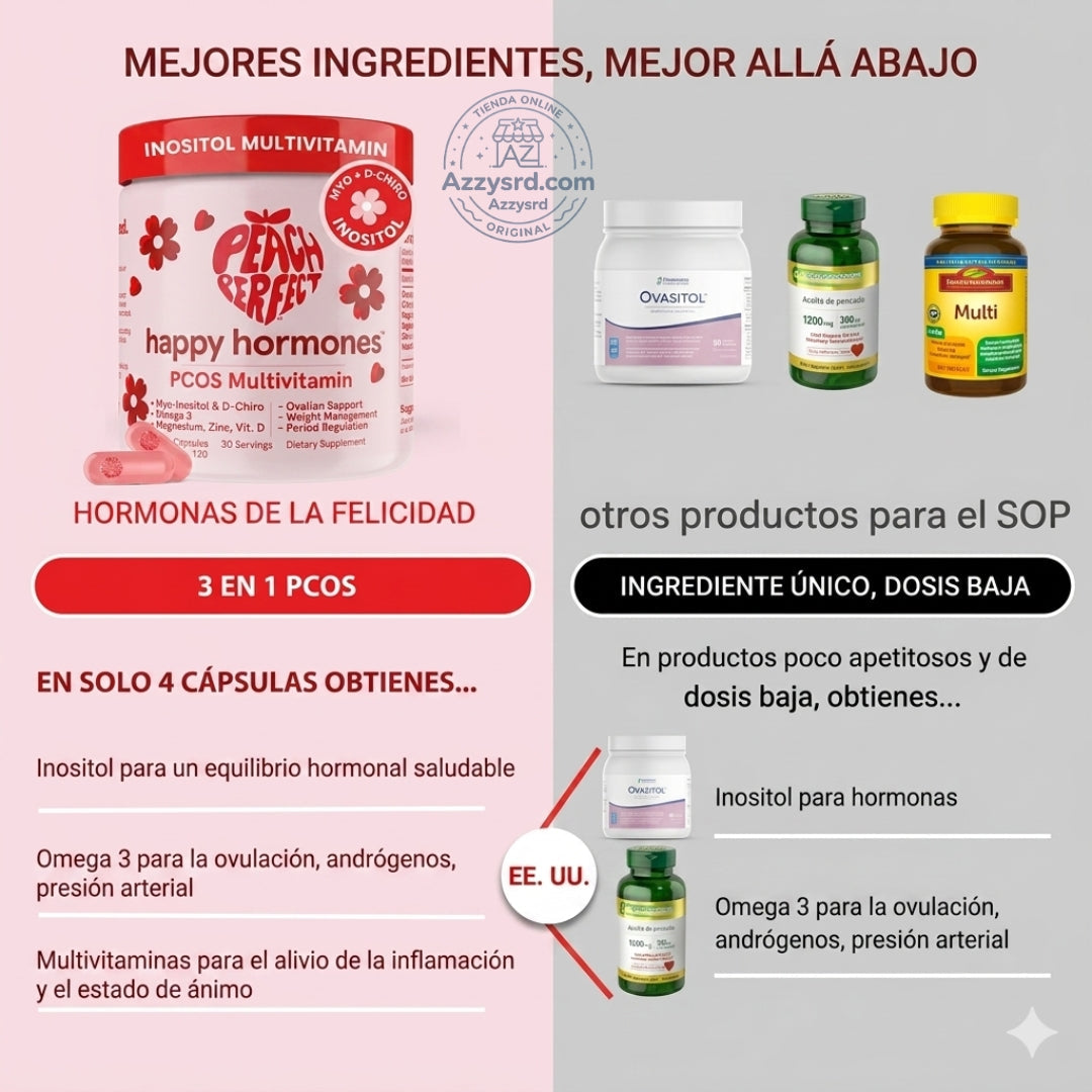 🍑✨ Peach Perfect™ Happy Hormones Formula 🌸💖 | Mio-Inositol + D-Chiro 40:1 🧬 Omega-3, Vitamina D3, Magnesio y Zinc ⚡ Apoya el balance hormonal, energía, mood y bienestar femenino 🌿 120 Cápsulas Premium 💊