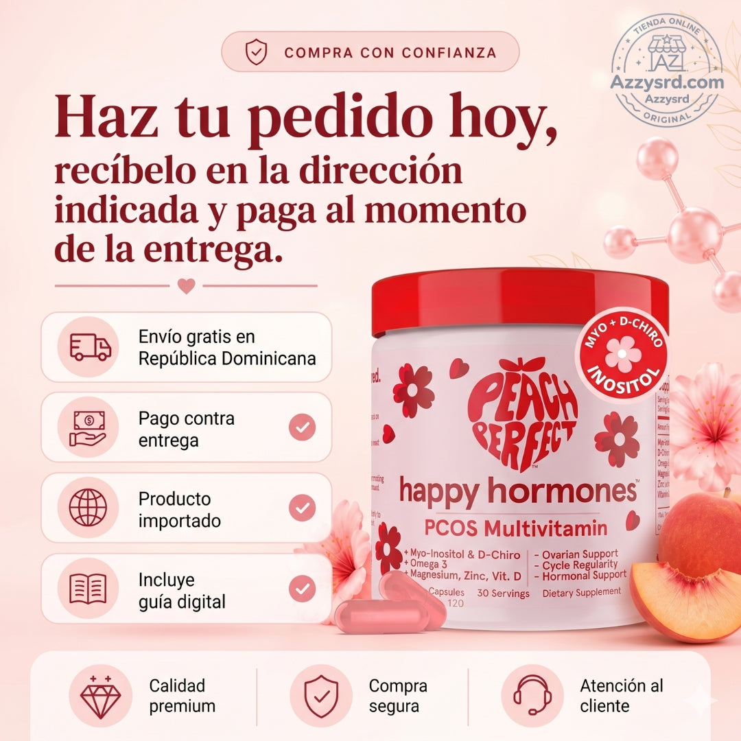 🍑✨ Peach Perfect™ Happy Hormones Formula 🌸💖 | Mio-Inositol + D-Chiro 40:1 🧬 Omega-3, Vitamina D3, Magnesio y Zinc ⚡ Apoya el balance hormonal, energía, mood y bienestar femenino 🌿 120 Cápsulas Premium 💊