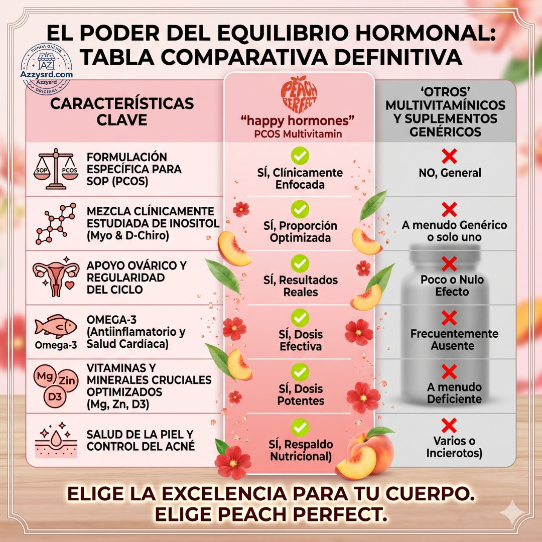 🍑✨ Peach Perfect™ Happy Hormones Formula 🌸💖 | Mio-Inositol + D-Chiro 40:1 🧬 Omega-3, Vitamina D3, Magnesio y Zinc ⚡ Apoya el balance hormonal, energía, mood y bienestar femenino 🌿 120 Cápsulas Premium 💊