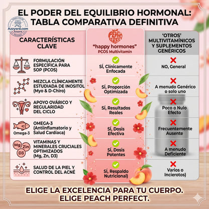 🍑✨ Peach Perfect™ Happy Hormones Formula 🌸💖 | Mio-Inositol + D-Chiro 40:1 🧬 Omega-3, Vitamina D3, Magnesio y Zinc ⚡ Apoya el balance hormonal, energía, mood y bienestar femenino 🌿 120 Cápsulas Premium 💊