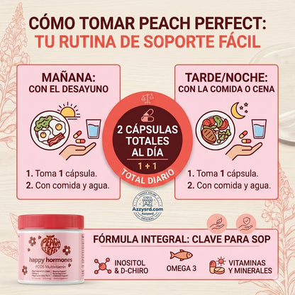 🍑✨ Peach Perfect™ Happy Hormones Formula 🌸💖 | Mio-Inositol + D-Chiro 40:1 🧬 Omega-3, Vitamina D3, Magnesio y Zinc ⚡ Apoya el balance hormonal, energía, mood y bienestar femenino 🌿 120 Cápsulas Premium 💊